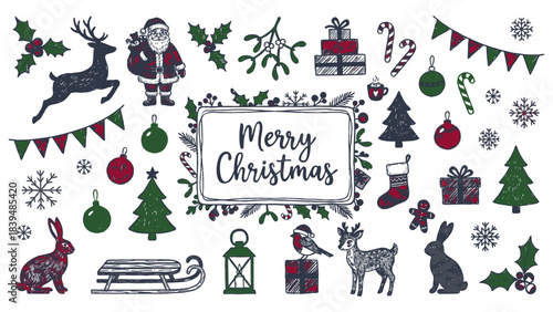 Christmas greeting vintage illustration set. Xmas hand drawn elements for poster and greeting cards. Vector illustration on isolated transparent background