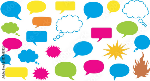 Colorful speech bubbles and thought balloons in various shapes and sizes on white background