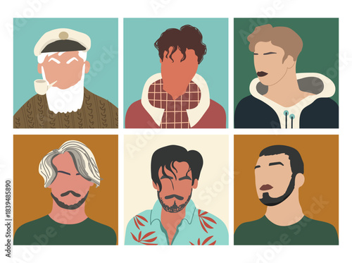 Abstract people portraits set. Faceless male, men characters. Person poster, head avatar, hand drawn vector illustration.