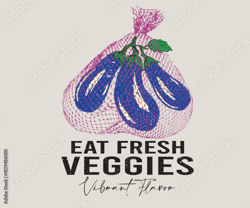 Fresh eggplant food. Organic vegetable farm. Local vegetable market artwork for t shirt print, poster, sticker and other uses.