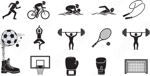 Collection of black silhouette icons representing various athletic sports and fitness activities