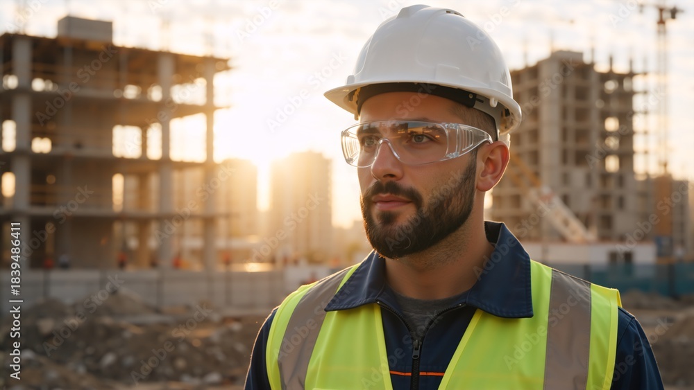 Fototapeta premium Portrait of a professional male engineer in a hard hat on a construction site. Confident construction worker looking over a building project at sunset