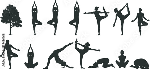Silhouettes of people practicing various yoga poses against a white background