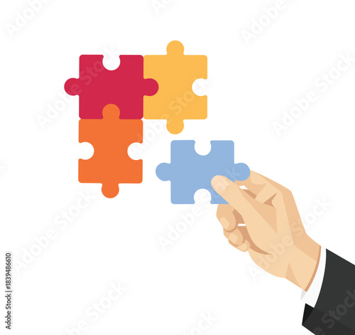 Male hand assembling puzzle pieces together. Teamwork, solution and business concept. Vector illustration isolated.