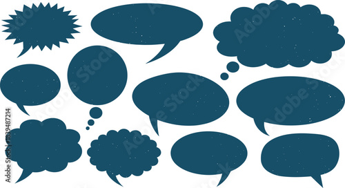 Collection of empty speech bubbles and thought balloons in dark blue tones isolated on white