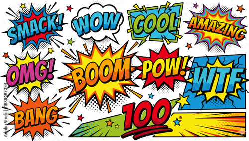 Comic Book Sound Effects Collage Landscape, comic book style, sound effect graphics, bold uppercase lettering, WTF text, WOW text, BANG text, POW! text, COOL text, BOOM text, SMACK! text, OMG! text, 