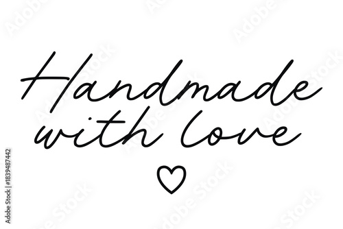 Vector Handmade with Love calligraphy lettering with heart icon for craft business branding and artisan product labels isolated on white background