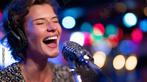 Female singer mid-song, headphones covering her ears, singing into a chrome microphone, bright karaoke lights creating a colorful, lively background, expressive face illuminated wi