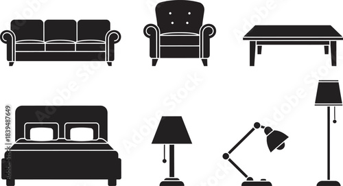 Black silhouette furniture set including sofa bed table lamps and armchair