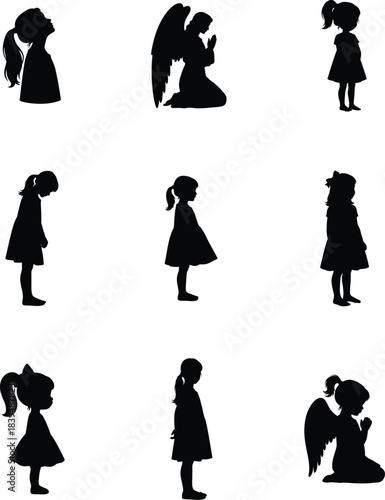 Set of silhouettes of young girls in various poses including praying, looking up, and standing on a white background