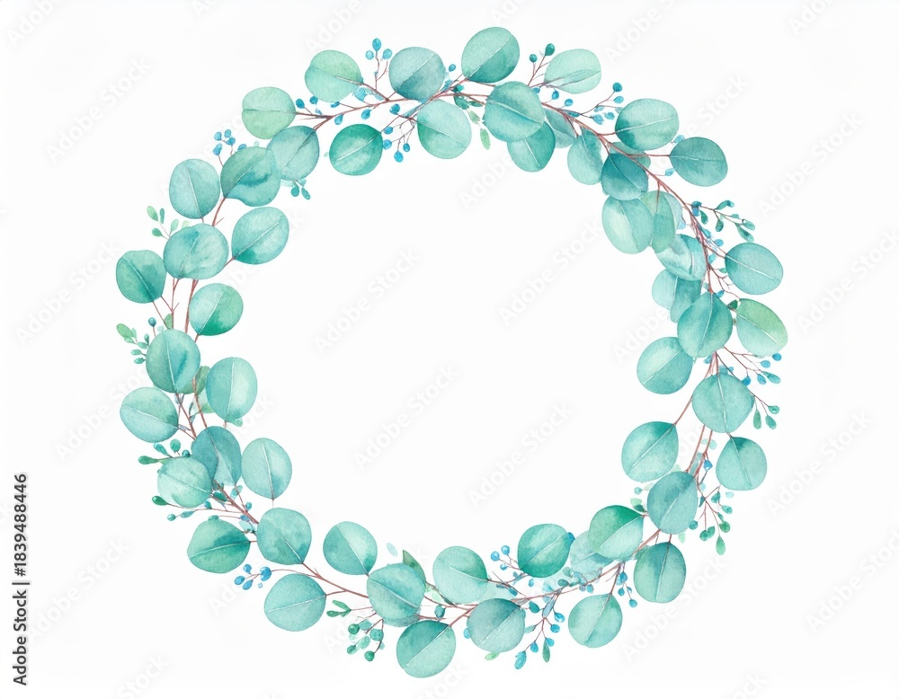 Fototapeta premium Eucalyptus leaf wreath with blue berries decorative wreath of eucalyptus leaves blue berries