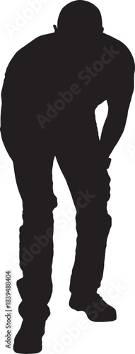 vector, silhouette of  front view of a man standing leaning forward look down