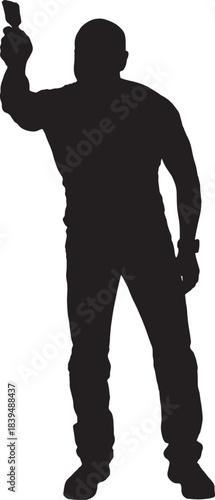 vector, silhouette of  front view of a man holding a paintbrush, painting something imaginary with his arm raised