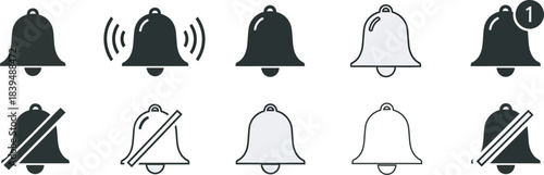 Collection of black silhouette bell icons with varying styles and ringing depictions