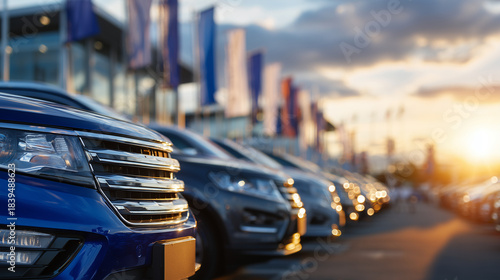 Clean rows of pre-owned sedans, SUVs, and compact cars on a dealership lot, sunlight casting long reflections on bodywork, flags and signage creating a lively and trustworthy used