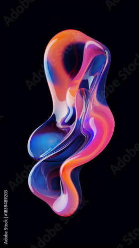 Shiny fluid 3D motion shape with holographic tones on black for modern graphics