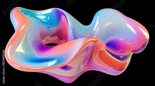 Abstract 3D glossy wave with iridescent colors on black background for presentations