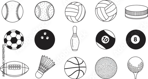Collection of various sports balls and equipment in a hand drawn doodle style