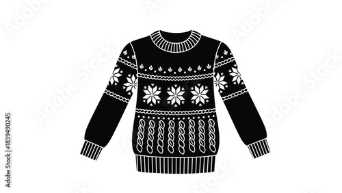 A black and white illustration of a cozy winter sweater design