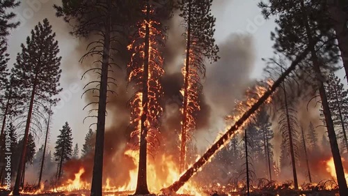 Wallpaper Mural Wildfire Raging Through Pine Forest At Dusk With Intense Flames And Smoke billowing into the hazy sky illuminating the dark trees and undergrowth in an orange and yellow glow Torontodigital.ca