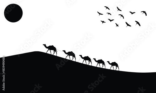 Silhouette of a camel caravan walking across sand dunes under a full moon.