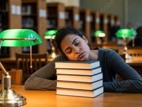 Exhausted student sleeping on books in a library, studying concept