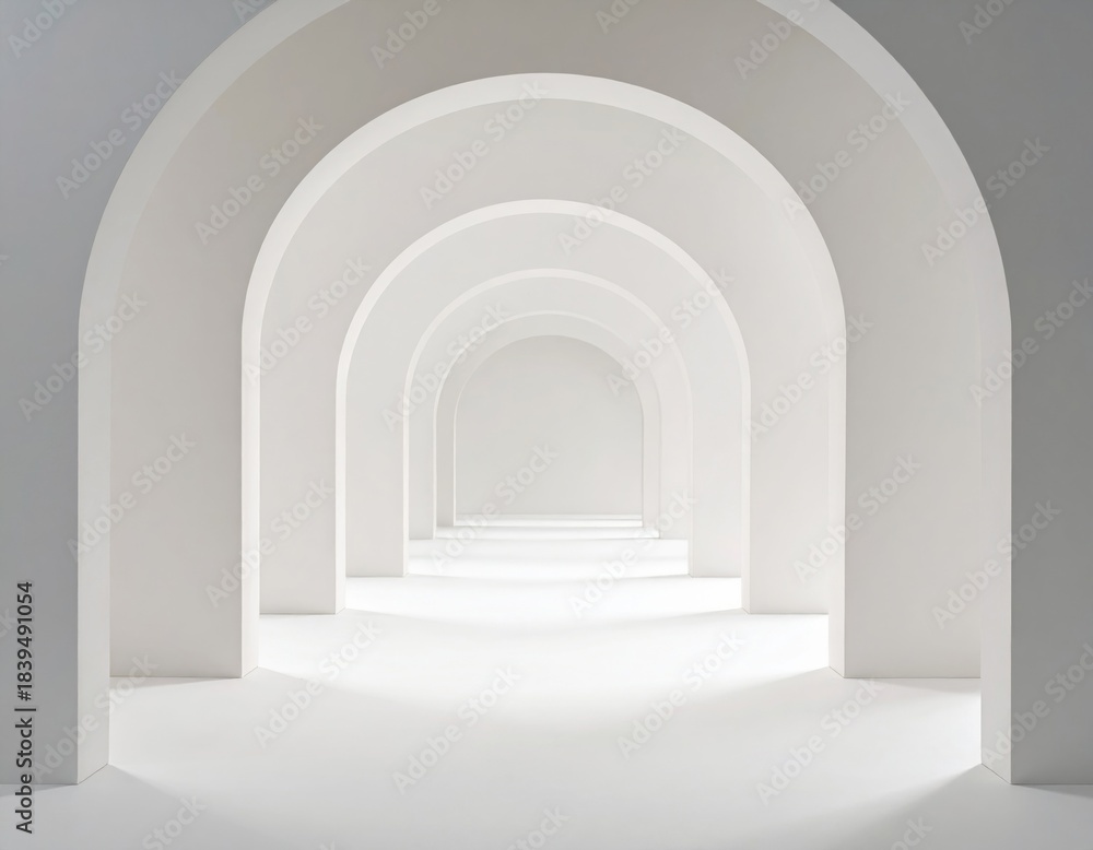 Fototapeta premium Illusion of White Arches Receding into Infinite White Space with Soft Lighting