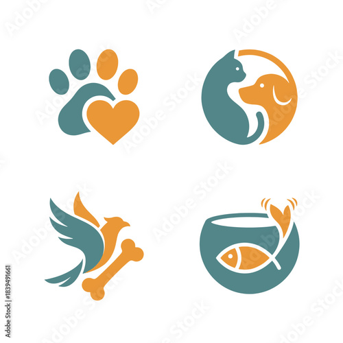 Modern vector pet animal logo collection featuring paw, dog, cat, and fish designs, perfect for care brands, veterinary clinics, or animal rescue organizations with a friendly, simple style.