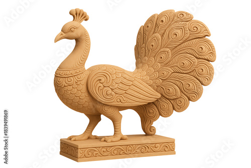 Elegant decorative peacock sculpture with ornate carved feathers isolated on white background