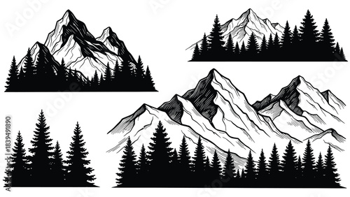 Striking black and white illustrations of majestic mountains and evergreen forests