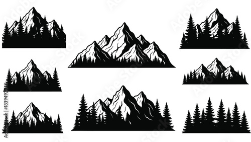 A collection of black and white mountain range illustrations with evergreen trees