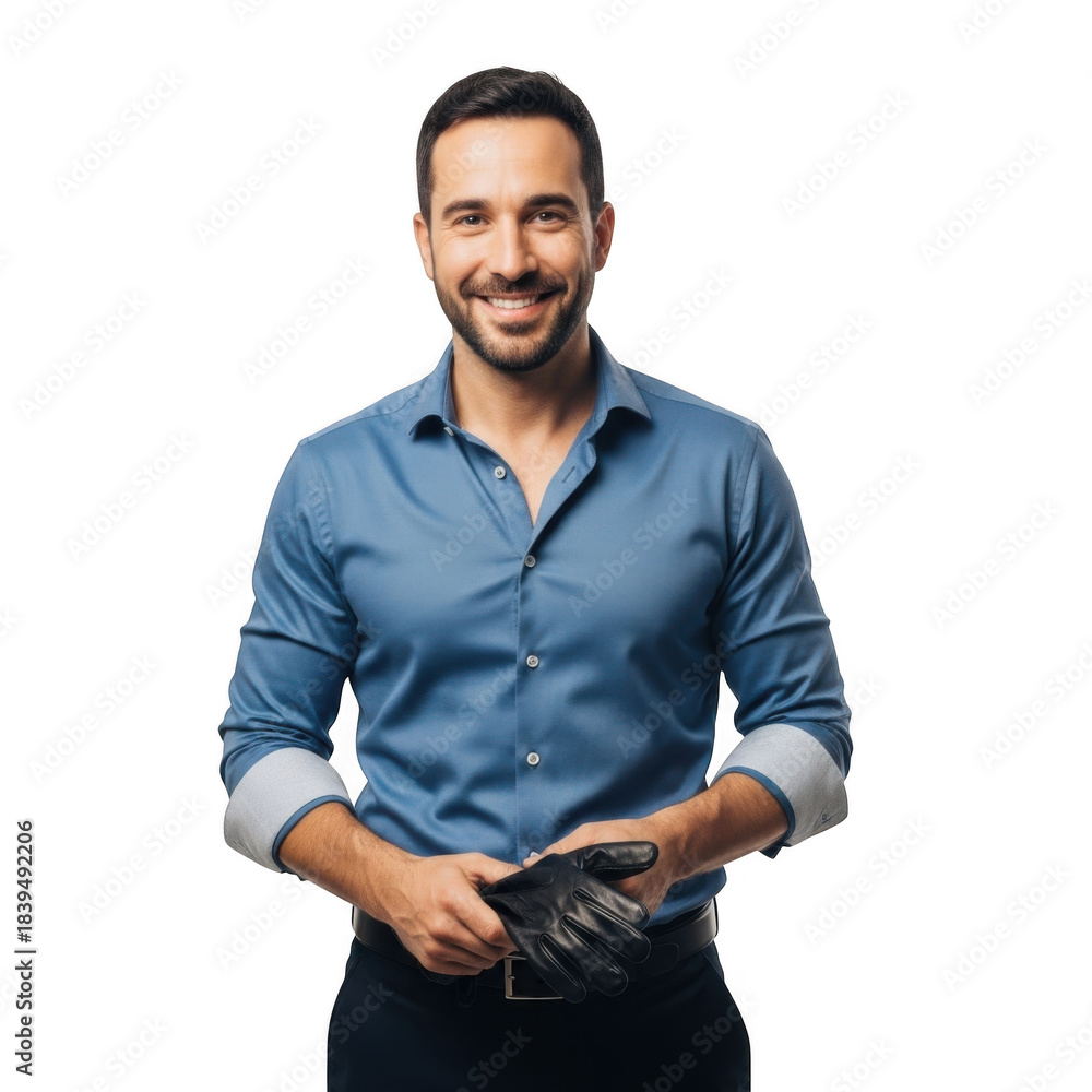 Obraz premium A smiling middle aged man wearing a blue denim shirt holding a wallet in his hands isolated on transparent background