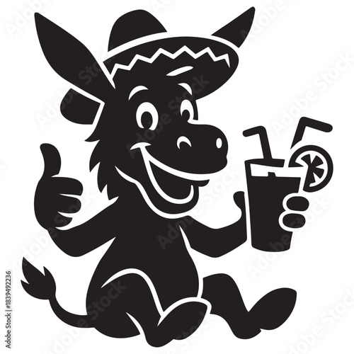 Cheerful donkey relaxing happily, enjoying a drink under a festive hat.