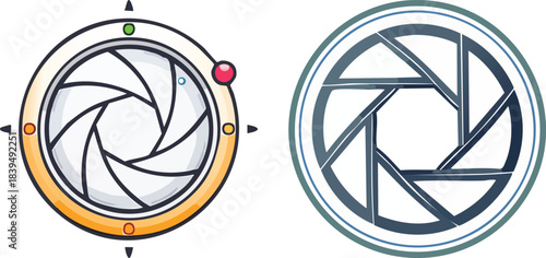 Bold camera lens icon with clean symmetrical outline suitable for photography themed minimal vector illustrations