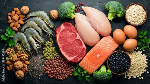 Assortment of highprotein foods meat, fish, eggs, nuts, and grains