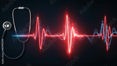 Medical Heartbeat Visualization with Stethoscope on Black Background.