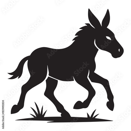 Strong donkey trotting forward with steady pace across open grassy ground.