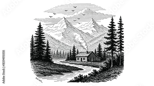 A cozy cabin nestled within a mountainous forested landscape with flowing water