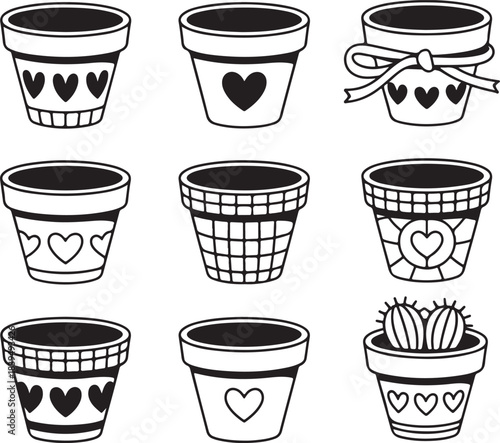 Cute Flowerpots with Hearts Line Art Icon Set
