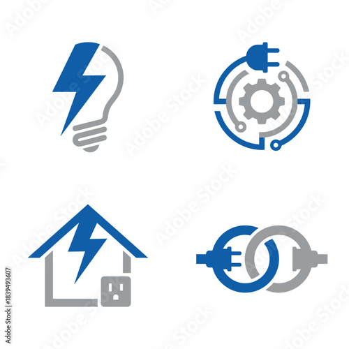 Modern vector icon set illustrating electricity, energy, and power technology concepts for home and industry, featuring blue and grey elements, symbolizing strong connection and innovation.