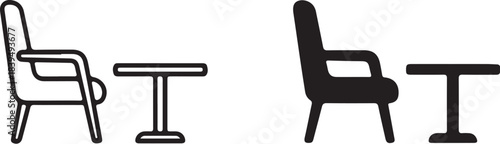 Armchair and small table icons in outline and solid black on a split background Keywords: armchair, chair, table, furniture, interior, object, icon, symbol, illustration, 