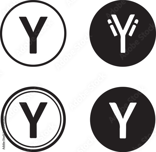 Four Circular Icons with the Letter Y in Black and White Variations Keywords: letter y, typography, alphabet, character, symbol, icon, circle, round, black, white, outline, on transparent background