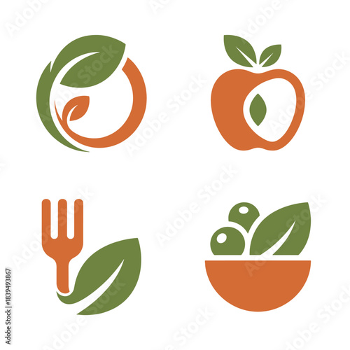 Collection of Healthy, Organic Food Natural Green Leaf Vector Icons promoting Nutrition and Eco-friendly concepts. Modern, minimalist branding assets for wellness.