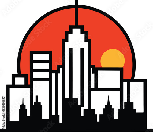 Modern city skyline silhouette with a vibrant sunrise illuminating the horizon