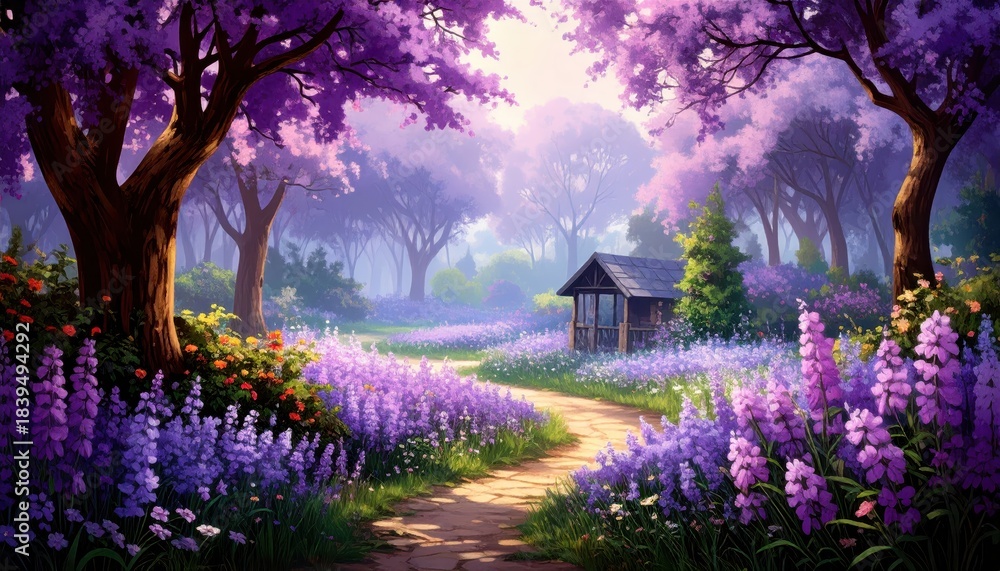 Obraz premium Forest path adorned with purple flowers in painted scene vibrant forest artwork depicts winding path purple blossoms
