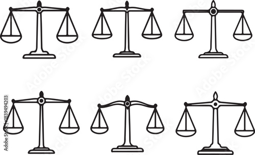 Set of six simple line art balance scale icons in black and white justice legal on transparent background