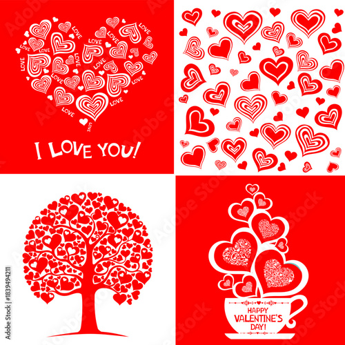 4 cards for Valentine's Day. Confession of love, love tree and seamless many hearts. Creative typography, abstract style, romantic mood. Suitable for printing, social media design, greetings. vector