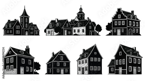 Collection of detailed black and white illustrations of european style buildings
