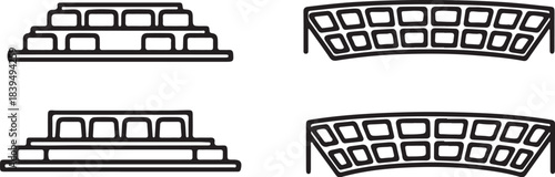 Tiered Stands And Stadium Seating Icons In Line Art On White And Black Backgrounds audience spectators on transparent background