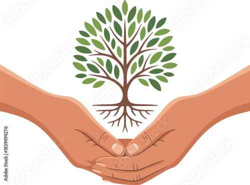 Hands cradling a green tree with brown roots and branches vector